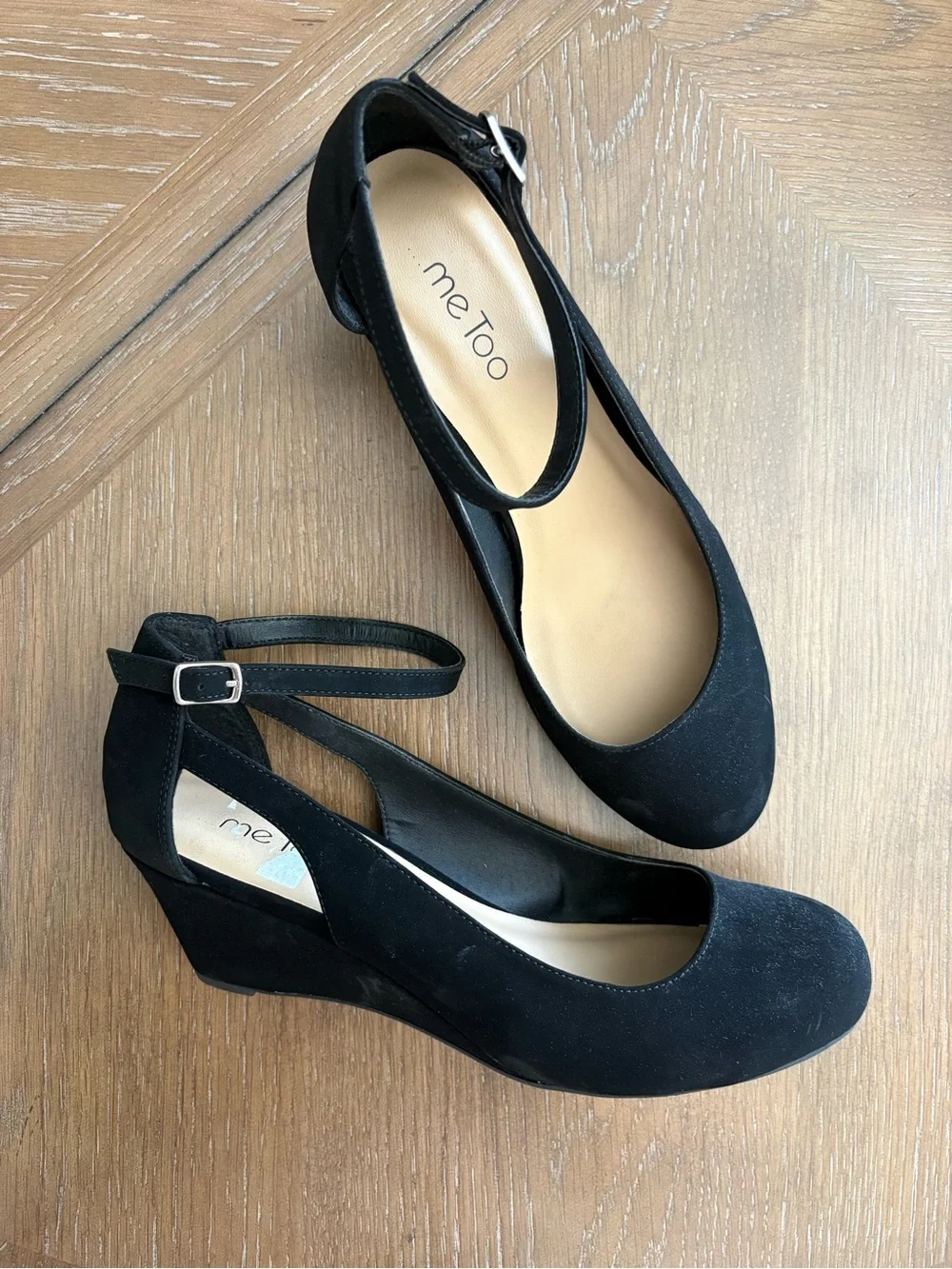 me too Black Suede Ankle-Strap Wedge Shoes